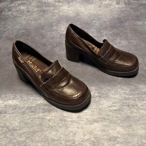 Y2K Mudd Womens Brown Chunky Leather Loafer Heels Shoes Size 9